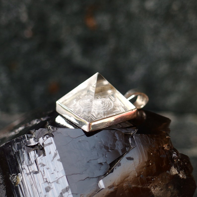 Meru Crystal Pendant, Sterling Silver, Hand-Carved Quartz Yantra Pyramid