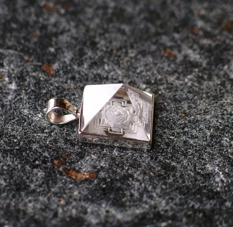 Meru Crystal Pendant, Sterling Silver, Hand-Carved Quartz Yantra Pyramid