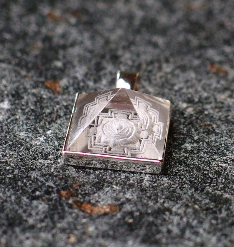 Meru Crystal Pendant, Sterling Silver, Hand-Carved Quartz Yantra Pyramid