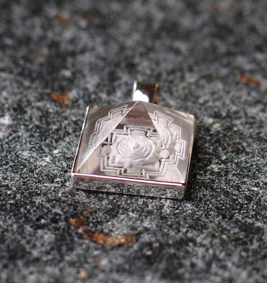 Meru Crystal Pendant, Sterling Silver, Hand-Carved Quartz Yantra Pyramid