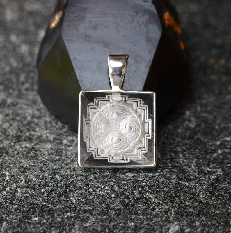 Meru Crystal Pendant, Sterling Silver, Hand-Carved Quartz Yantra Pyramid