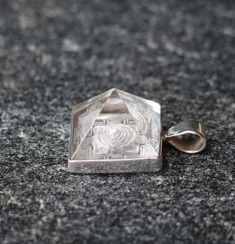 Meru Crystal Pendant, Sterling Silver, Hand-Carved Quartz Yantra Pyramid